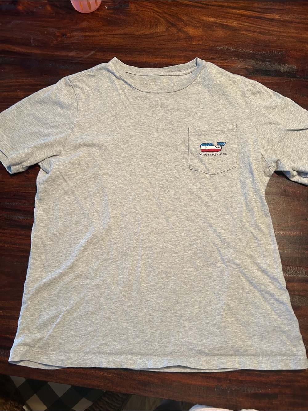 Vineyard Vines Heather Gray Short Sleeve Pocket Tee with Flag Whale